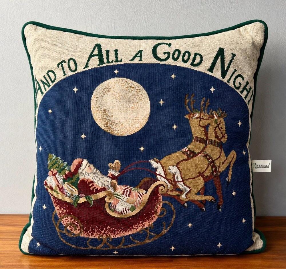 Vintage Christmas Tapestry Pillow | Santa Sleigh, Reindeer, Moon | Holiday